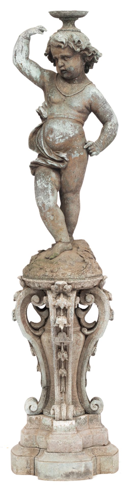 A large patinated zinc fountain statue of a putto, H 172,5 cm