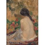 Cambier J., a sitting female nude seen from the back, oil on canvas on plywood, 23,5 x 33 cm Is poss
