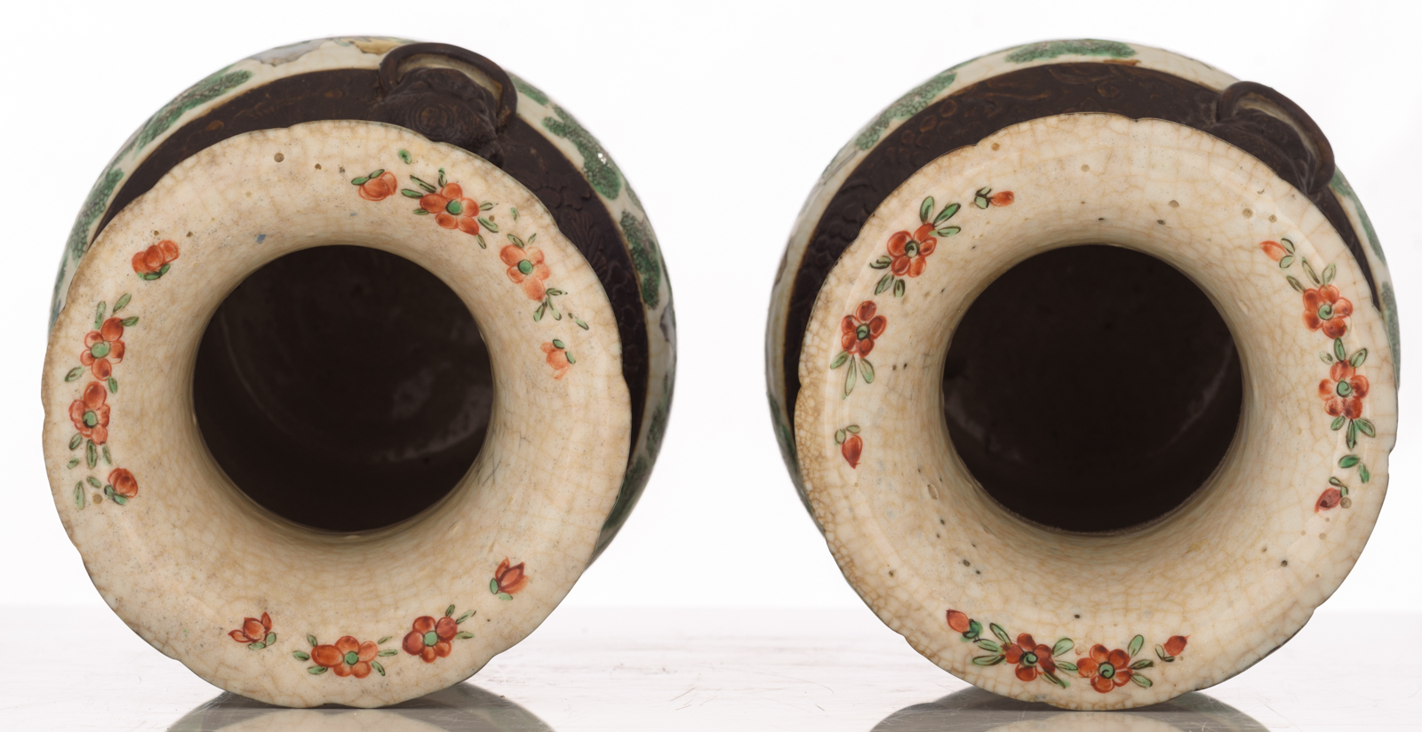 Two Chinese crackleware ground famille verte Nanking vases, all-over decorated with animated scenes - Image 5 of 8