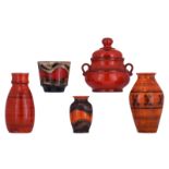 A collection of five vintage red glazed West Germany Fat Lava pottery vases, one marked 'Bay', a sec