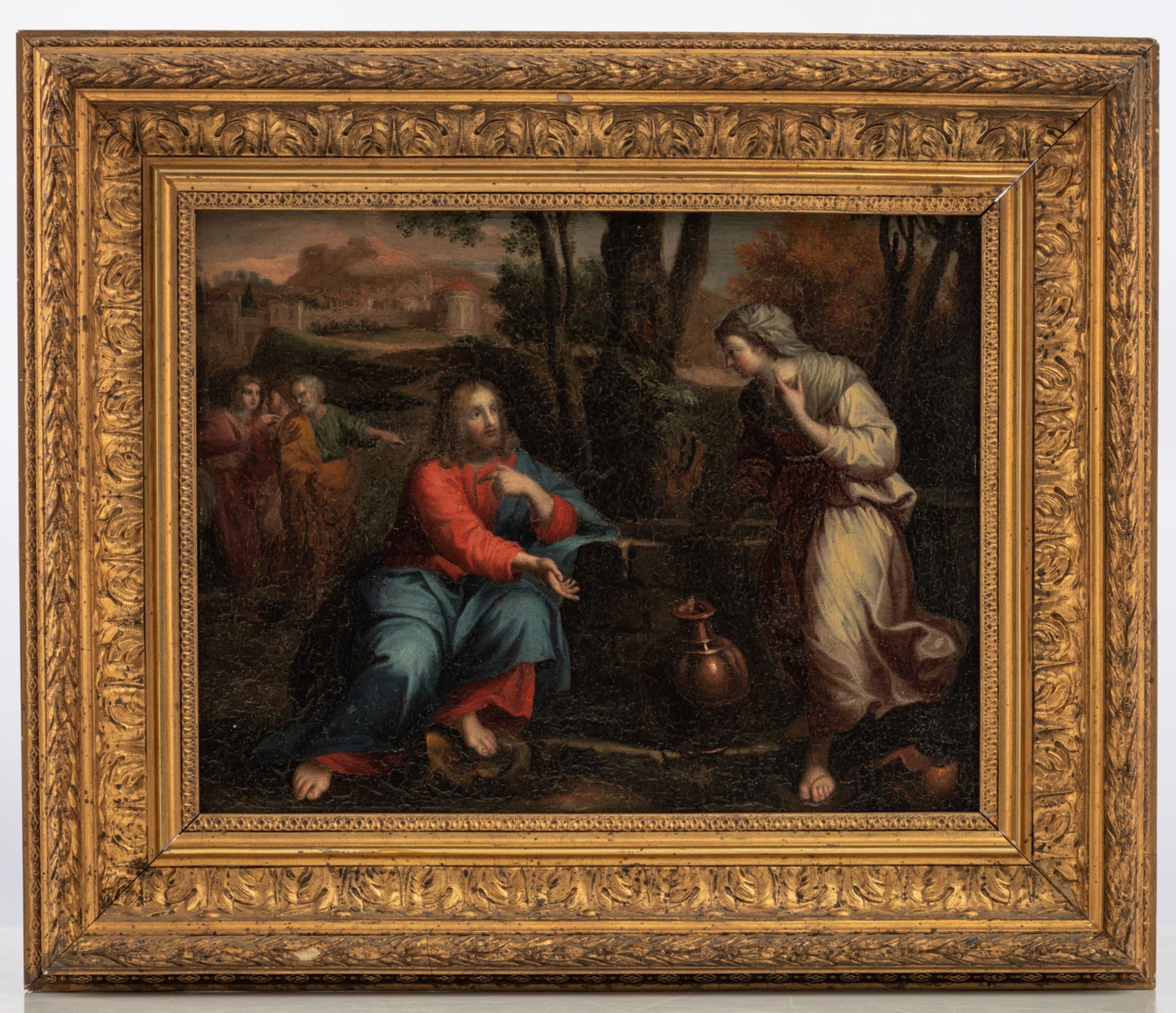 No visible signature, Christ and the Samaritan woman, Antwerp School, 17thC, oil on panel, 24 x 31 c - Image 2 of 3