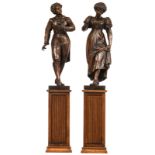 A gallant oak couple on a matching wooden base, early 20thC, H 87 - 147 cm (with base)