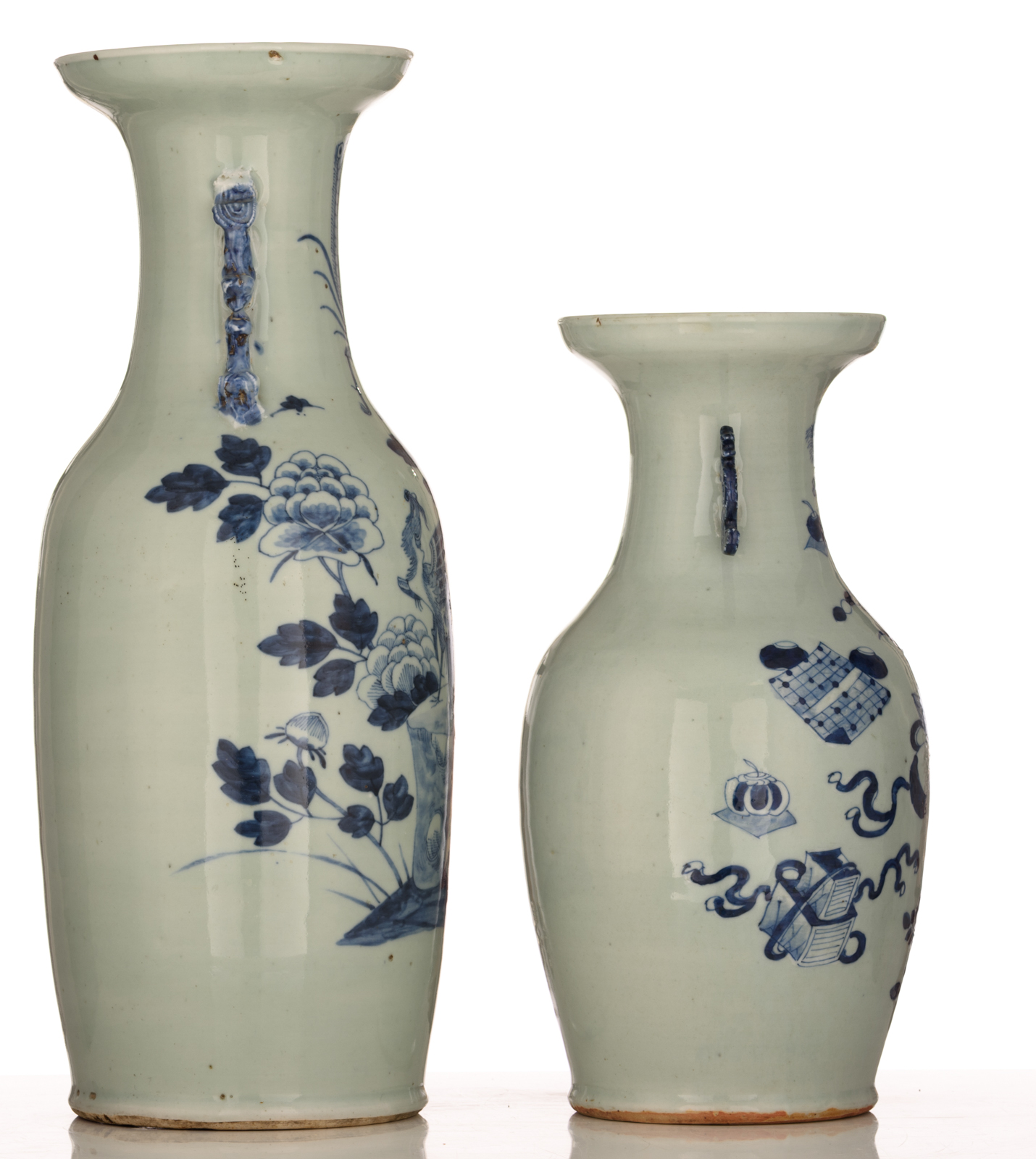 Two Chinese blue and white celadon ground vases, decorated with birds, flowers and auspicious symbol - Image 4 of 6
