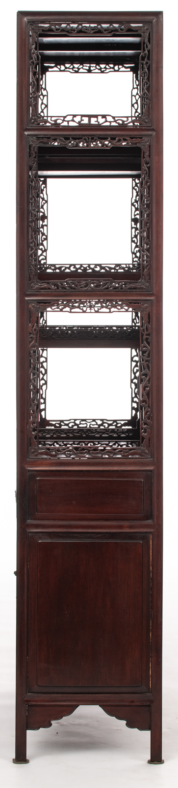 A fine Chinese rosewood display cabinet, decorated with richly carved openwork bandings and brass mo - Image 3 of 5