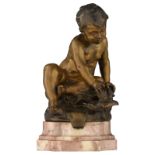Moreau Aug., a child playing with a bird, patinated bronze on a rouge marble base, H 19,2 (without b