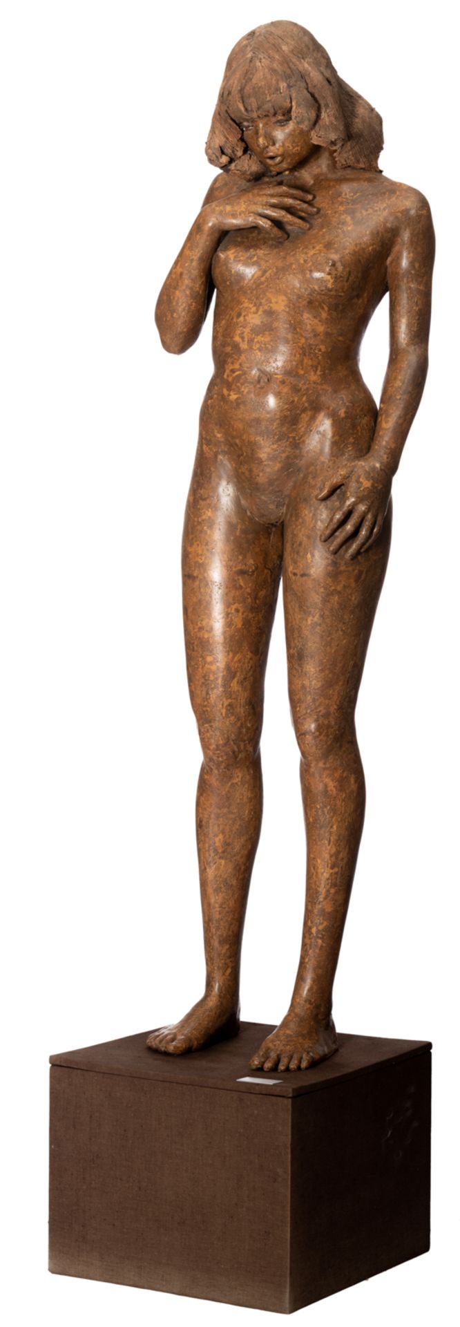 Dumortier J., 'Een pose is bevrijding van wat je bent', a patinated terracotta sculpture of a naked