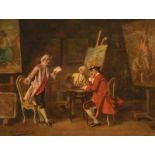 Brillouin L., the discussion in the workshop, oil on canvas, 24,5 x 19,2 cm