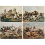Adam V., four hunting scenes, each representing a continent: 'la chasse au lion (Afrique)', 'la chas