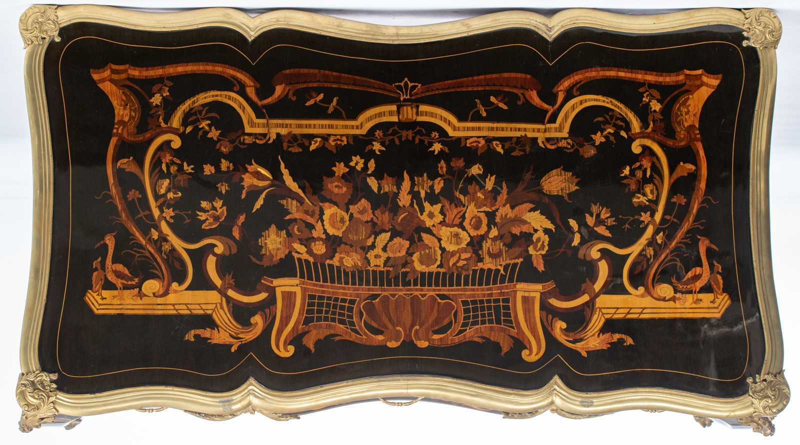 A fine Louis XV style lacquered bureau plat, decorated with gilt bronze mounts and rich marquetry of - Image 6 of 8
