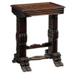 A set of four Chinese richly carved hardwood occasional tables, the top with inlay, H 68,5 - 74,5 -