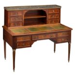 A Louis XVI style mahogany and rosewood 'bureau à gradin' with brass mounts and inlay banding, leath