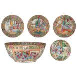 A large Chinese Canton bowl, decorated with animated scenes; added four ditto dishes, 19thC, H 16,5