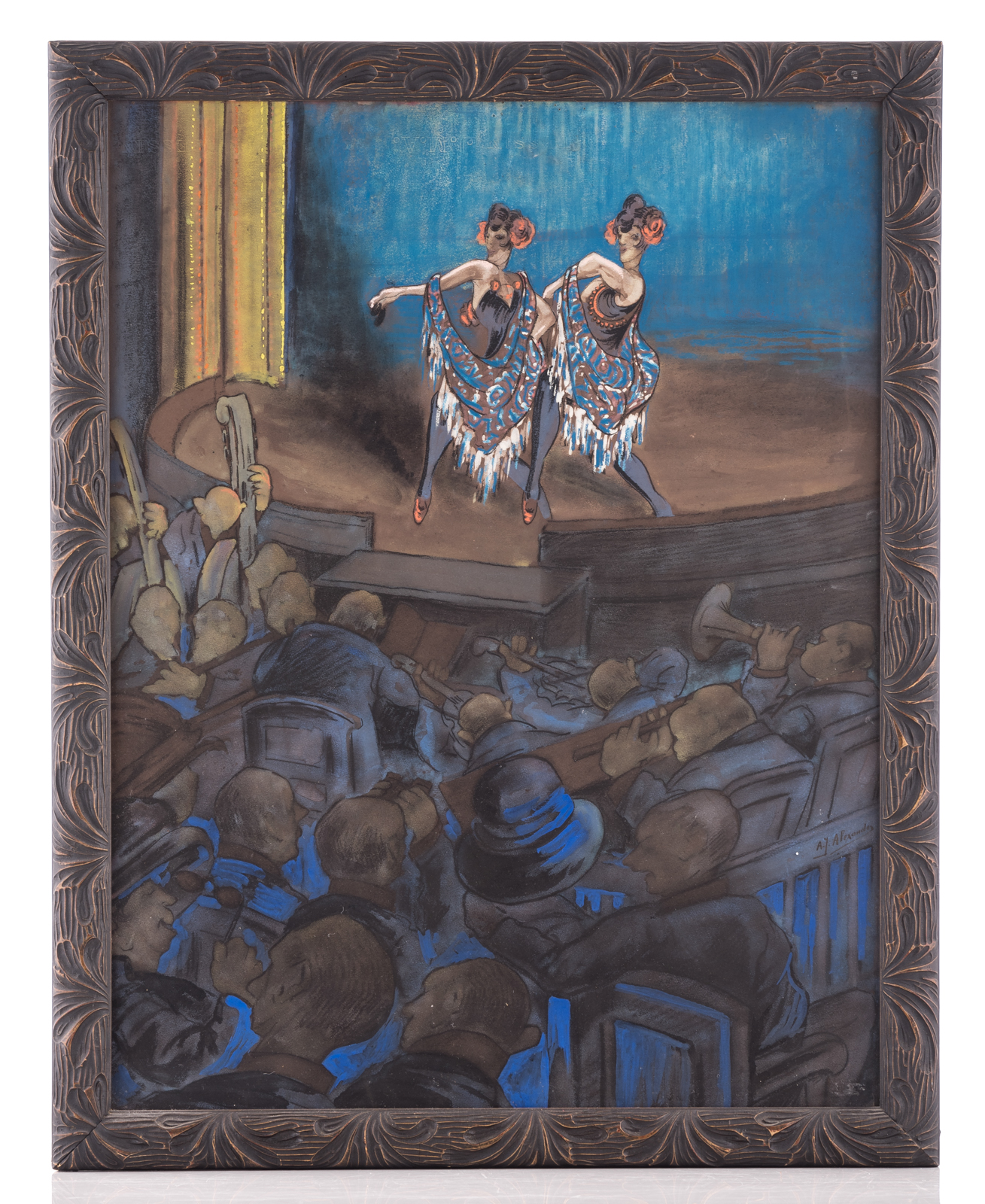 Alexander A.J., a cabaret scene, gouache and pastel on paper, 55 x 70,5 cm - Image 2 of 4