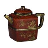 A Chinese Yixing zhisha rectangular teapot, gilt decorated with flowers, impressed with 'Shi Dabin'