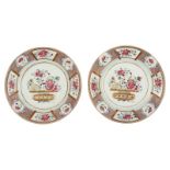 Two Chinese famille rose chargers, the centre decorated with flower baskets, ø 36 cm