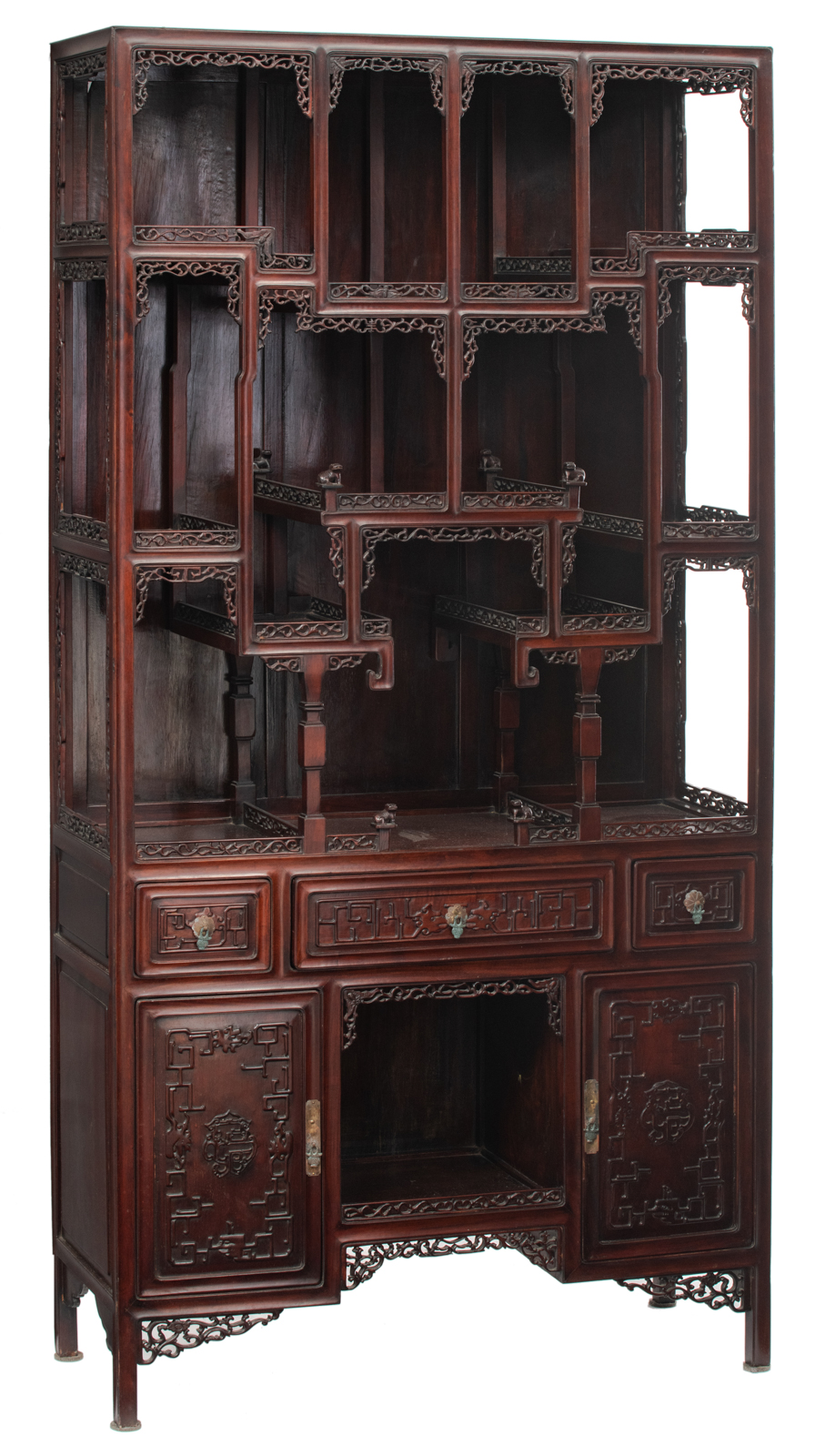 A fine Chinese rosewood display cabinet, decorated with richly carved openwork bandings and brass mo