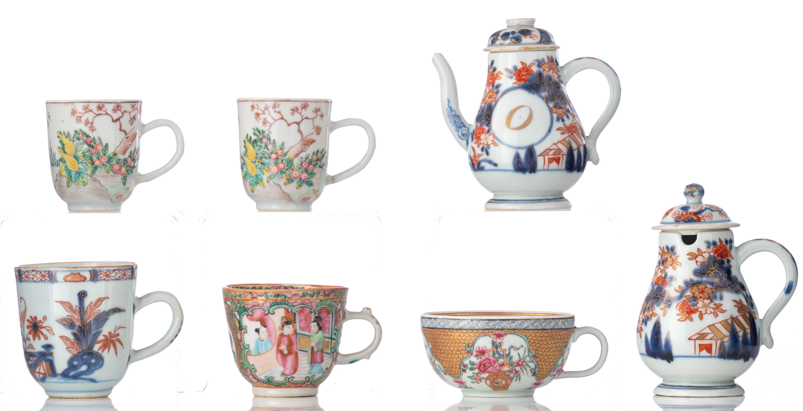 Various famille rose, blue and white, polychrome and Imari cups and saucers, two teapots and covers, - Image 6 of 25