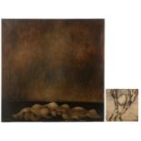 Rhaye, Y., an abstract composition, oil on canvas, 90 x 90 cm; added Rhaye, Y., a surreal landscape,