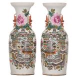 A pair of Chinese famille rose vases, decorated with antiquities, the back with calligraphic texts,
