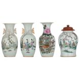 Three Chinese famille rose and polychrome vases, decorated with ladies in an animated scene, flower