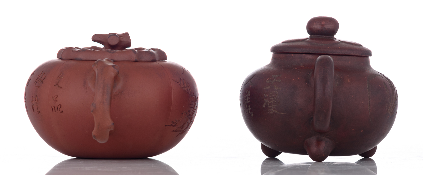 Two Chinese Yixing teapots and covers with calligraphic texts, marked; added two Chinese carved ston - Image 5 of 14