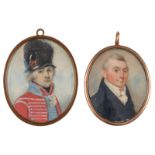 Two English Regency period portrait miniatures, one portraying an infantry officer, watercolour on i