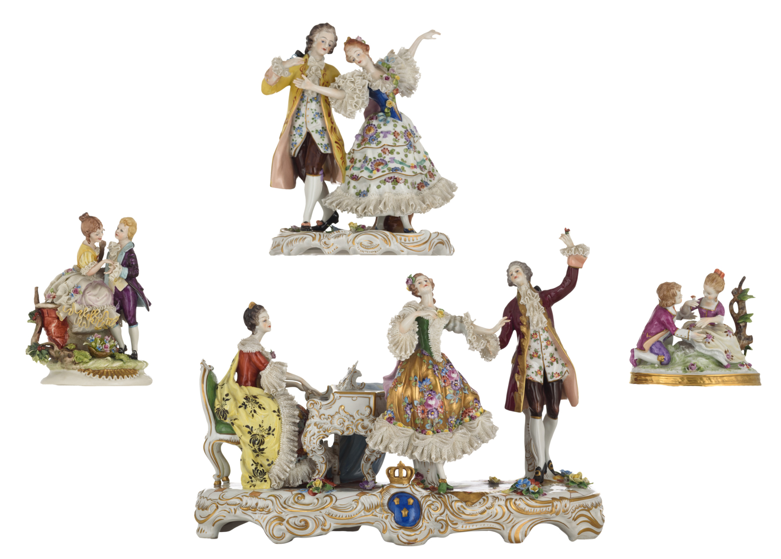 A collection of four polychrome painted Saxony figure groups, consisting of: a piano playing lady an