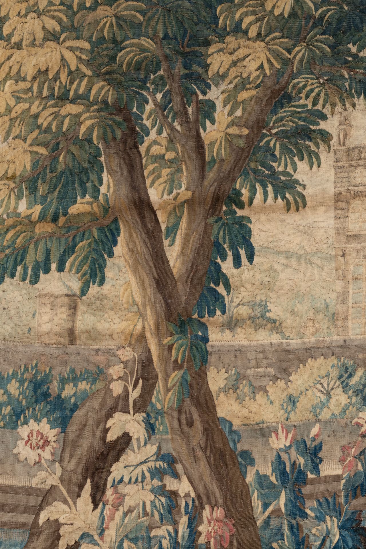 A large verdure wall tapestry, decorated with flamingos in Renaissance garden setting, wool and silk - Image 7 of 8