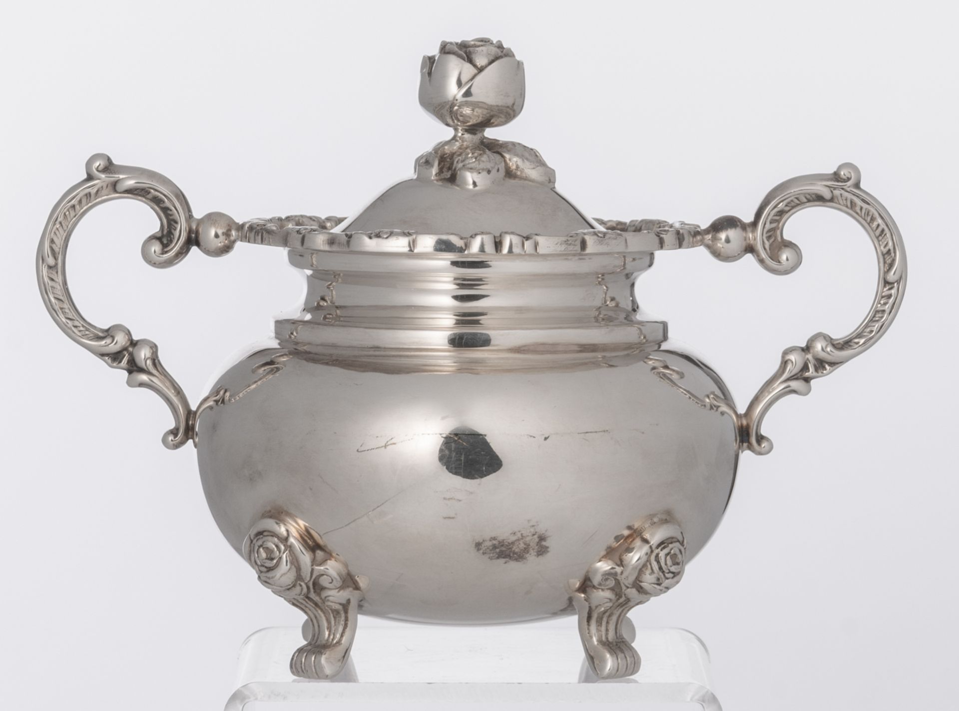 A silver plated five-piece coffee and tea set, decorated with flower-shaped knobs', probably German, - Bild 12 aus 27