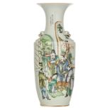 A Chinese polychrome decorated vase with figures conversing with a dignitary, the reverse with texts