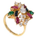 An 18ct gold ring set with brilliant-cut diamonds and marquise cut rubies and emeralds, total weight