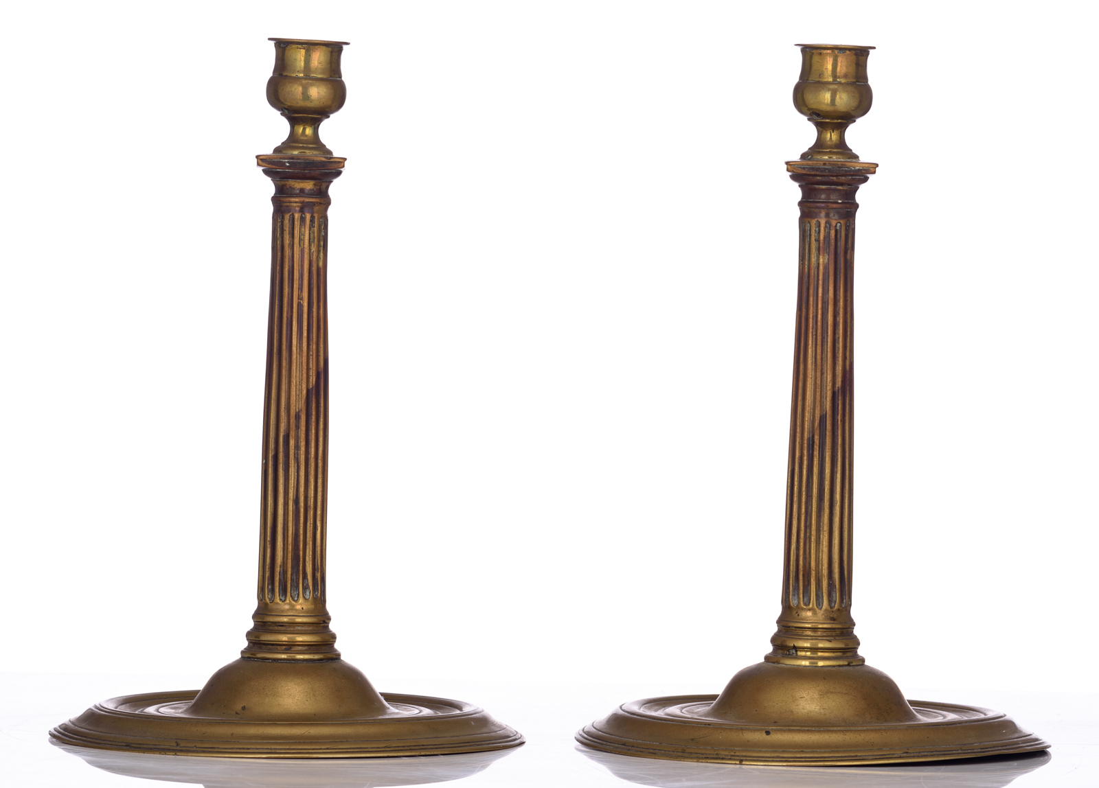 A rare pair of French bronze Henri II-type column candlesticks, 17thC, H 29,5 ø 19,5 cm - Image 2 of 5