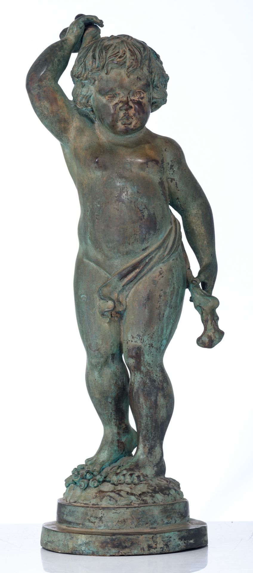 A green patinated bronze garden sculpture of a standing putto, H 77 cm - Image 2 of 6