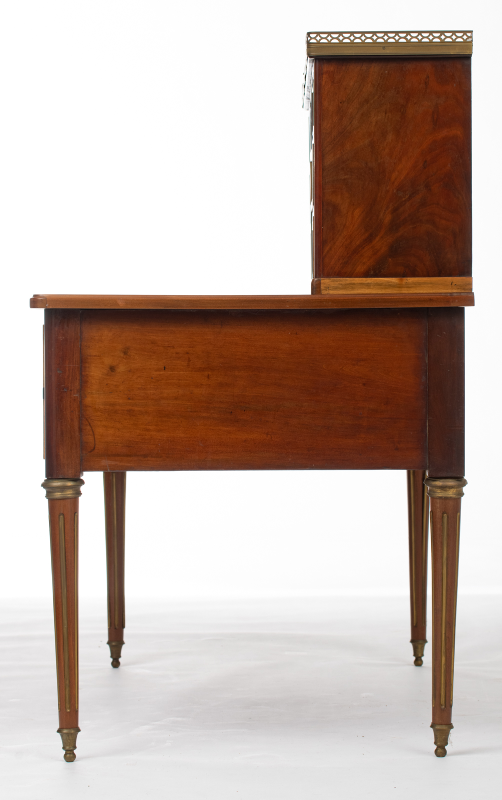 A Louis XVI style mahogany and rosewood 'bureau à gradin' with brass mounts and inlay banding, leath - Image 3 of 6