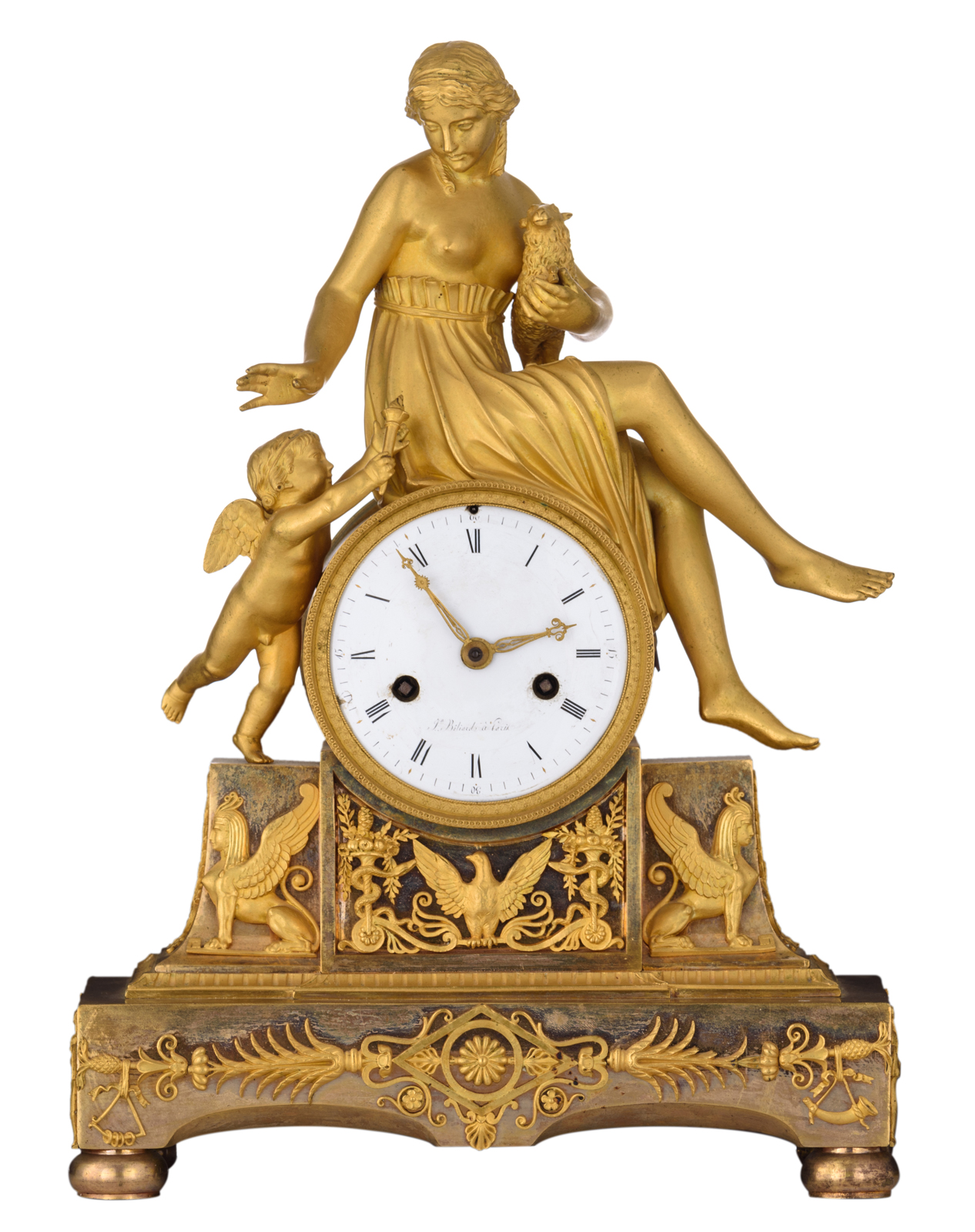 A fine French Empire bronze ormolu mantel clock, with on top an angel reaching a torch to a beauty h