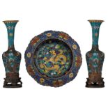 Two cloisonné vases and a cloisonné bowl, H 9 - 57 / ø 47 cm