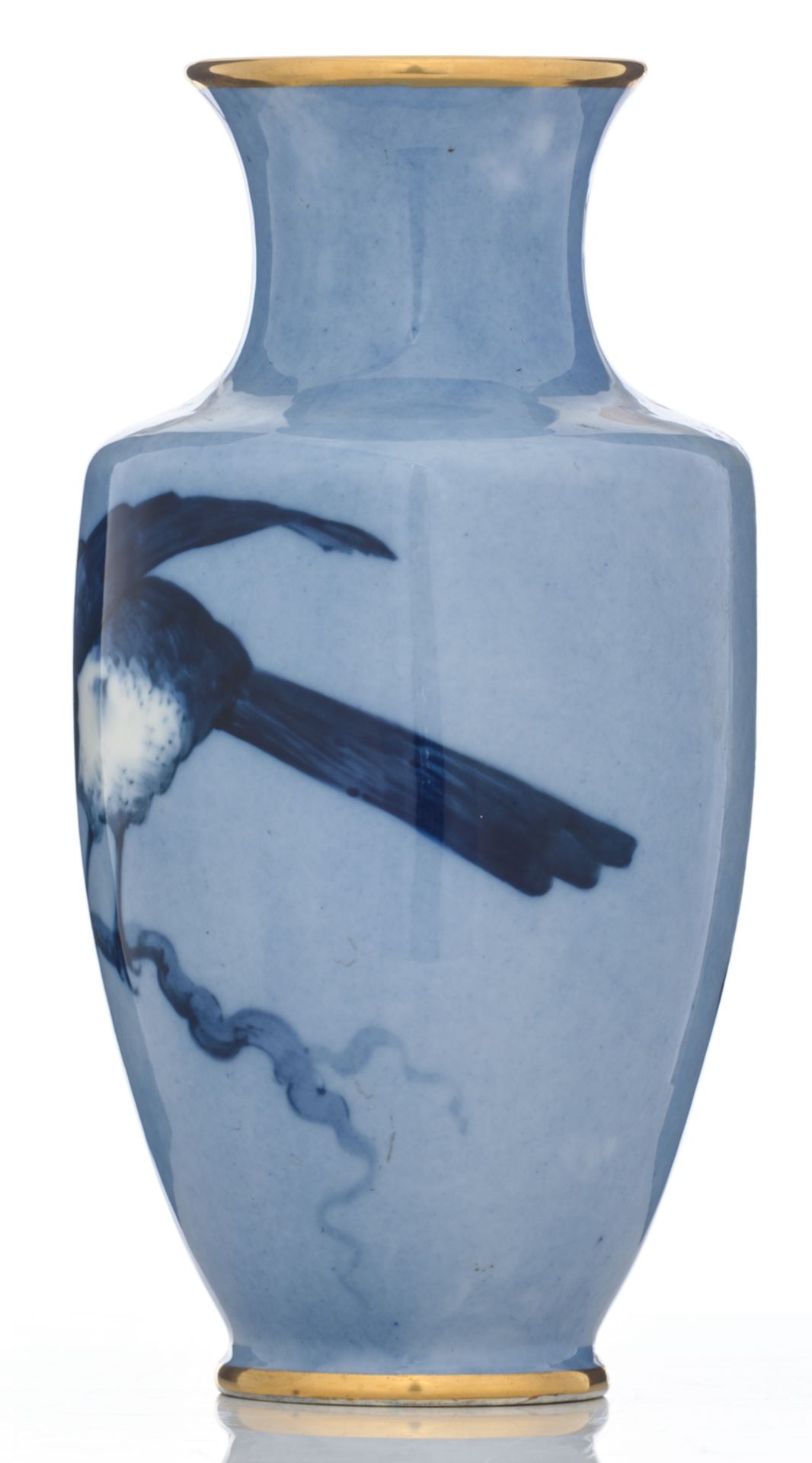A hand painted Japonism soft-porcelain vase, blue and white decorated with magpies on a branch, sign - Image 3 of 8