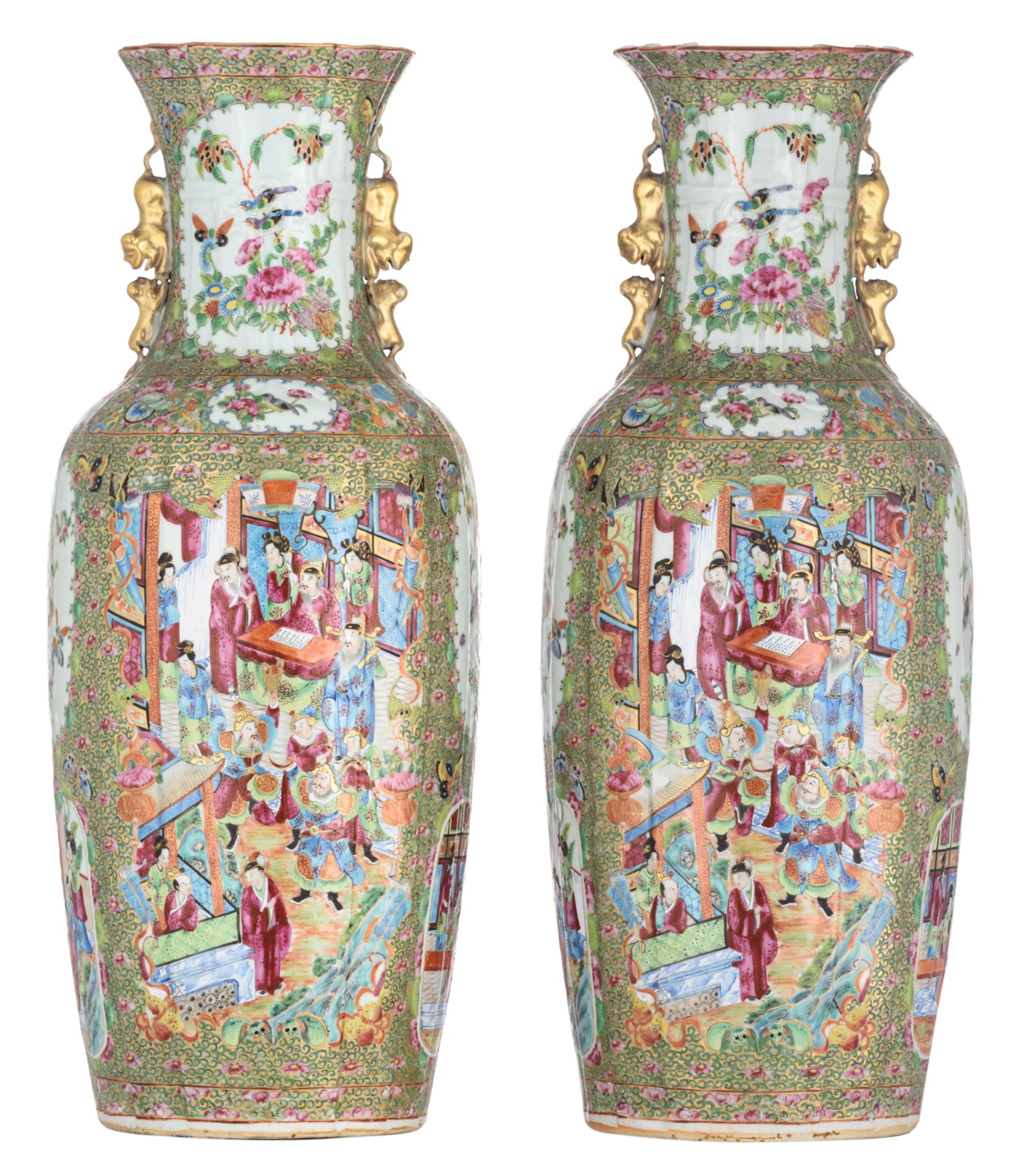 Two Chinese Canton relief vases, the roundels decorated with birds, flowers, butterflies and figures