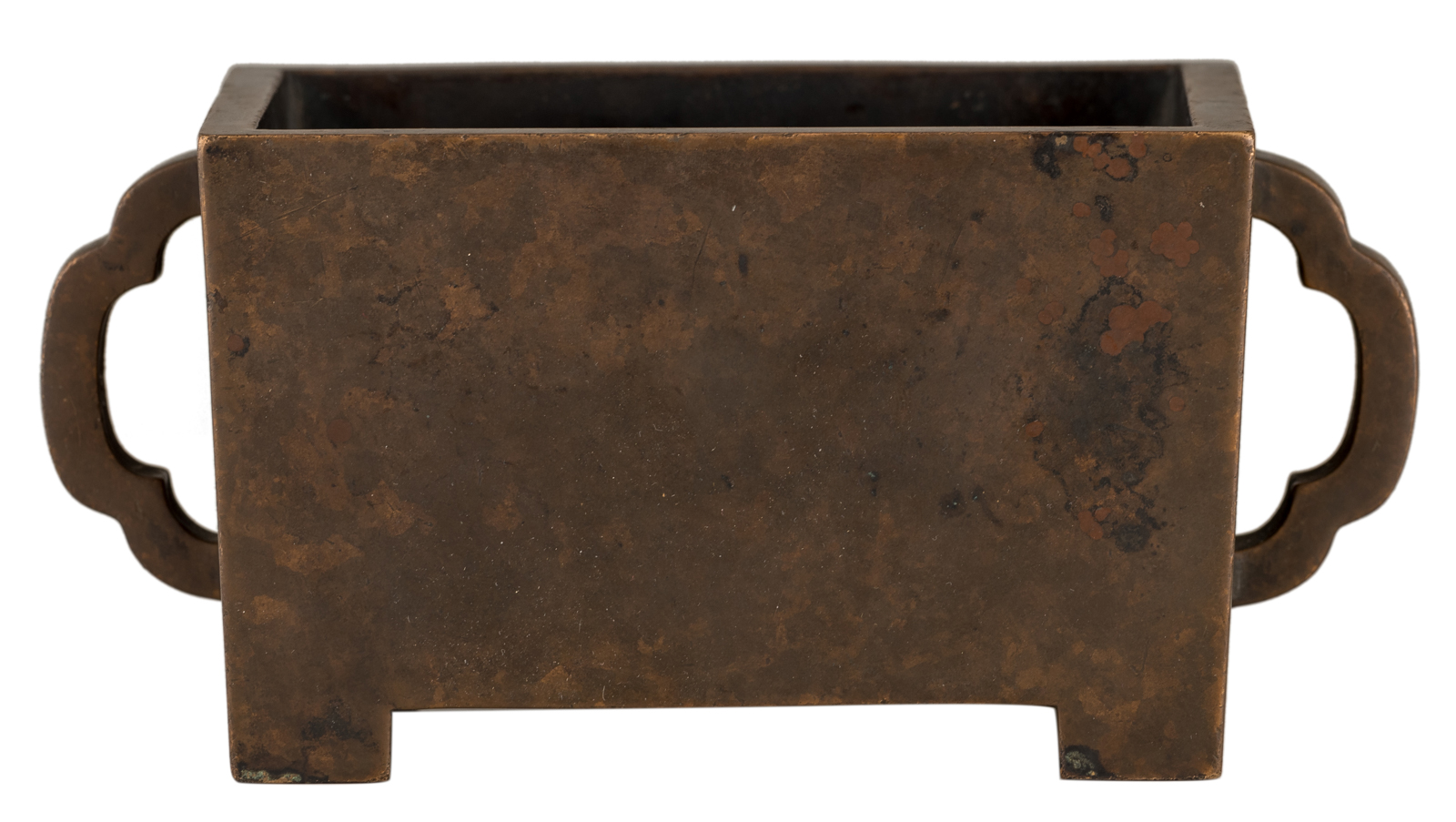 A Chinese bronze rectangular incense burner, marked with 'Nan Ming - Yan Jing, Shi Zhu', probably Mi