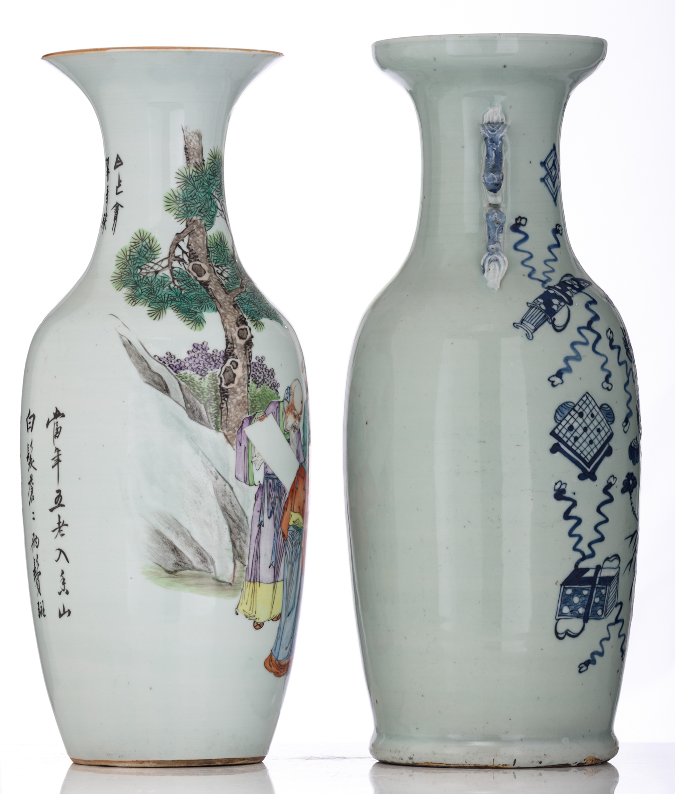 A Chinese celadon ground blue and white vase, decorated with auspicious symbols; added a ditto polyc - Image 4 of 6