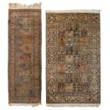 An Oriental woollen and silk rug with floral decoration, 153 x 96 cm; added an Oriental woollen rug,