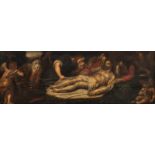 No visible signature, the entombment of Christ, 19thC, oil on a cradled panel, 31 x 84 cm