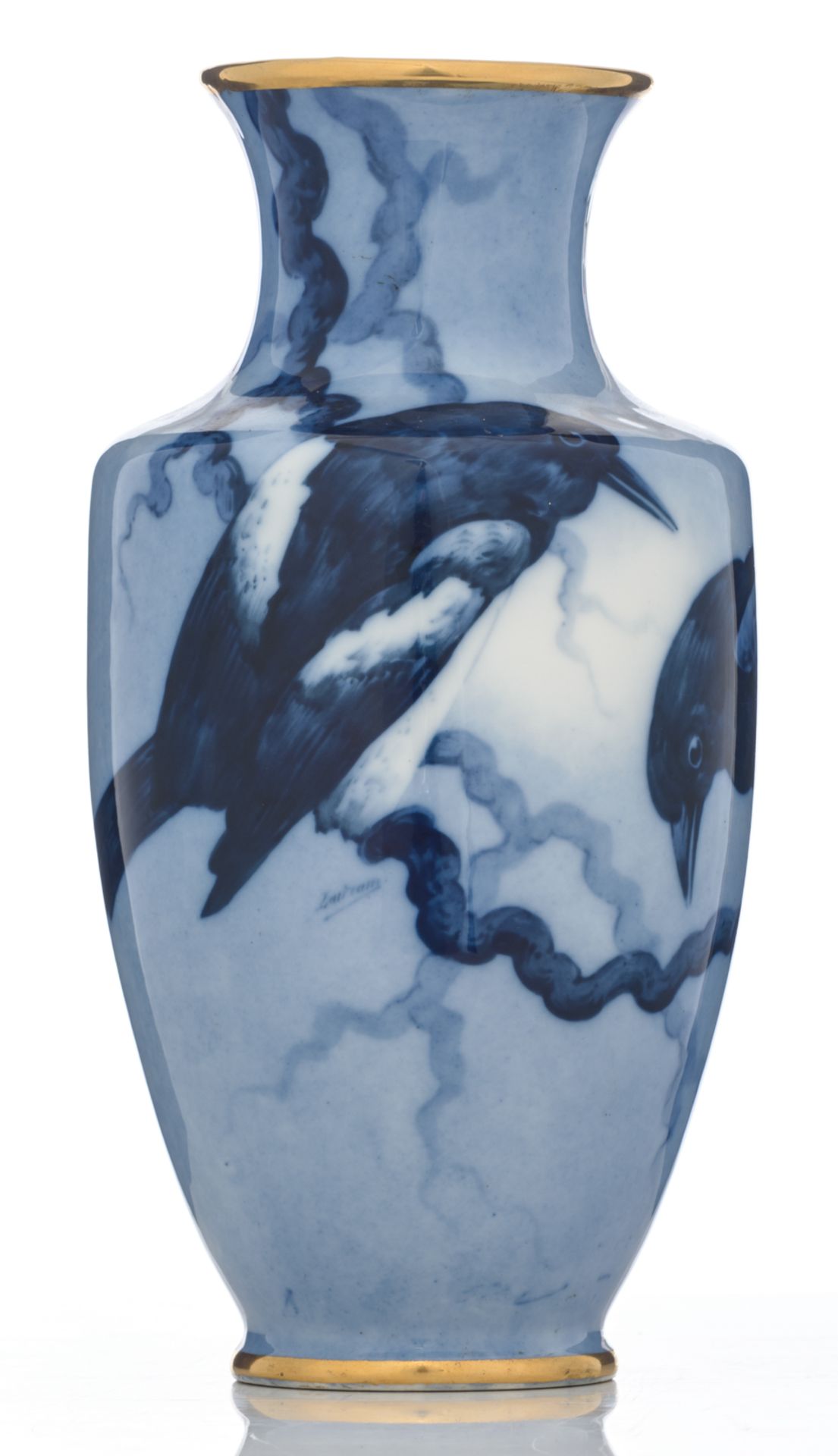 A hand painted Japonism soft-porcelain vase, blue and white decorated with magpies on a branch, sign - Image 5 of 8