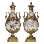 A pair of Neoclassical Carrara marble cassolettes with gilt bronze mounts and goose-shaped handles,