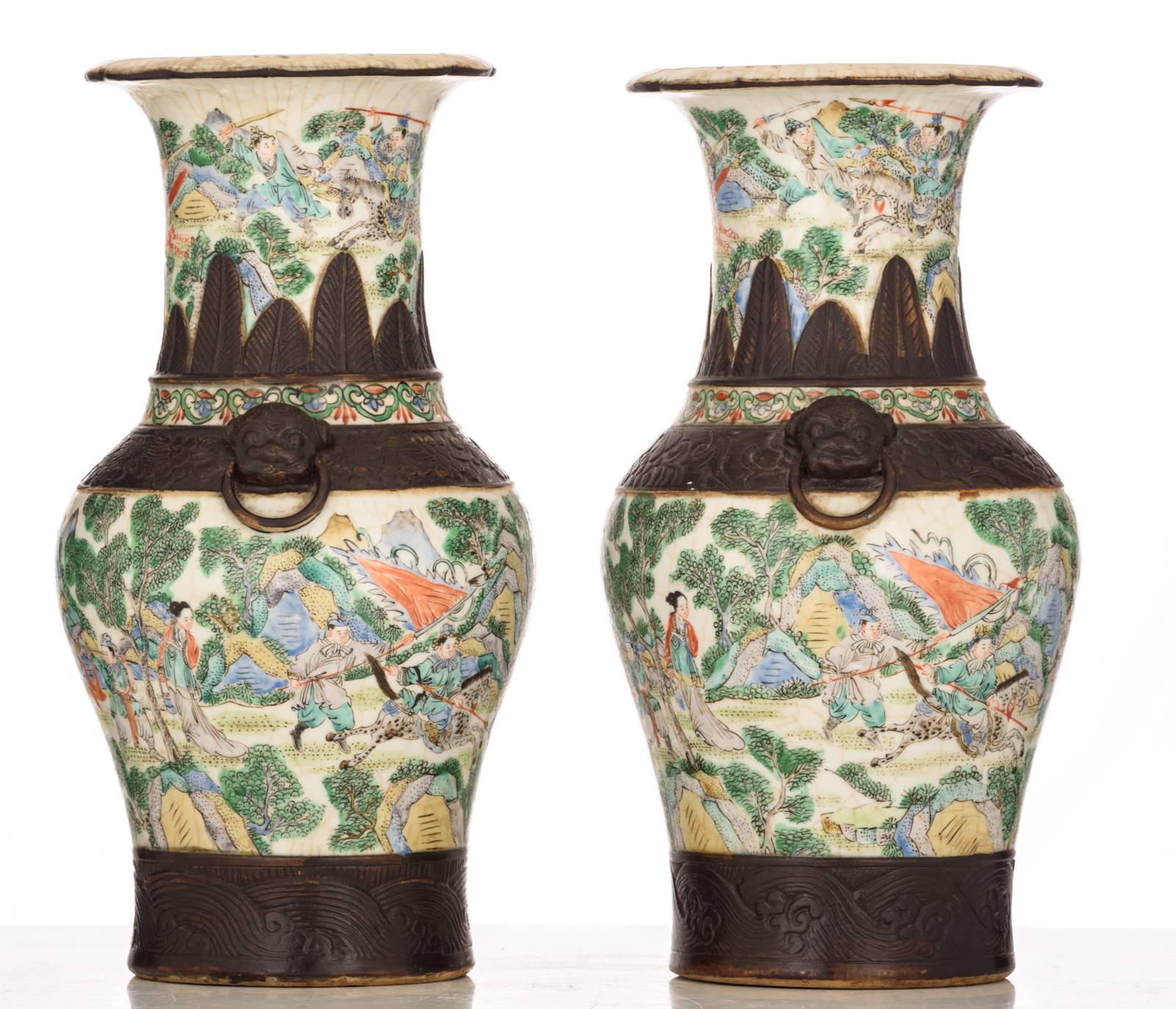 Two Chinese crackleware ground famille verte Nanking vases, all-over decorated with animated scenes - Image 2 of 8