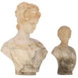 Puggi, two busts of beauties, Carrara marble, H 24,5 - 35,5 cm