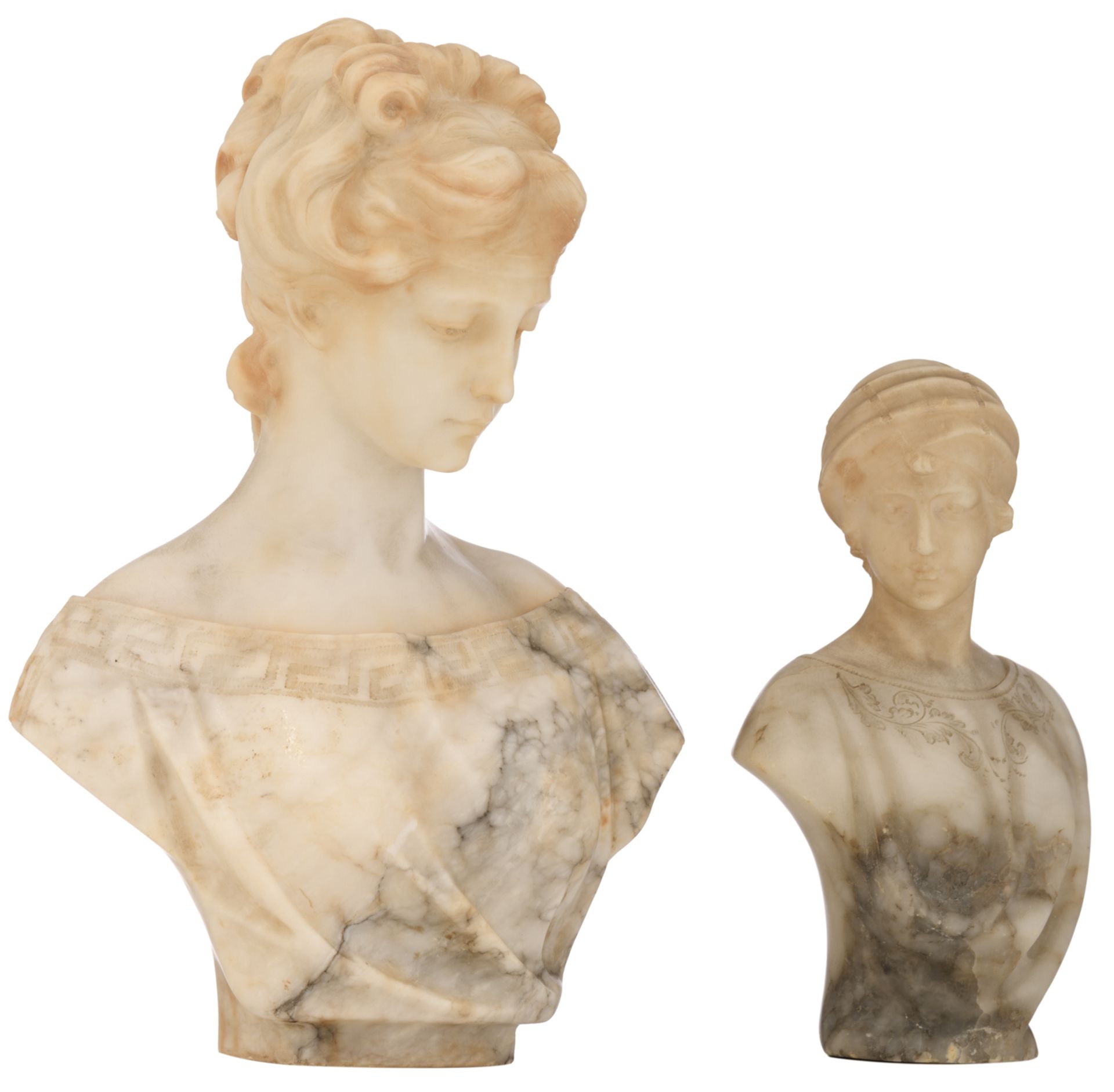 Puggi, two busts of beauties, Carrara marble, H 24,5 - 35,5 cm