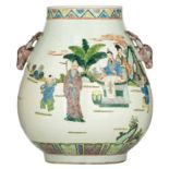 A Chinese polychrome decorated hu vase, with scholars leisuring in a garden, paired with deer handle