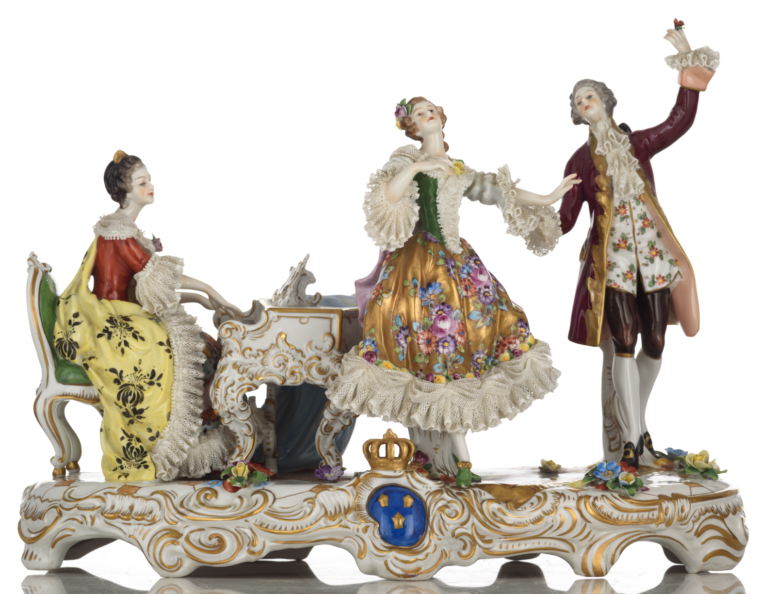 A collection of four polychrome painted Saxony figure groups, consisting of: a piano playing lady an - Image 2 of 15