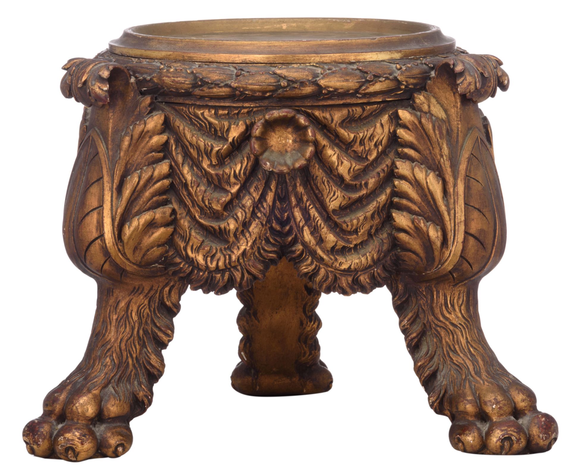 A Neoclassical gilt wooden carved lion paw tripod stand, H 41 cm